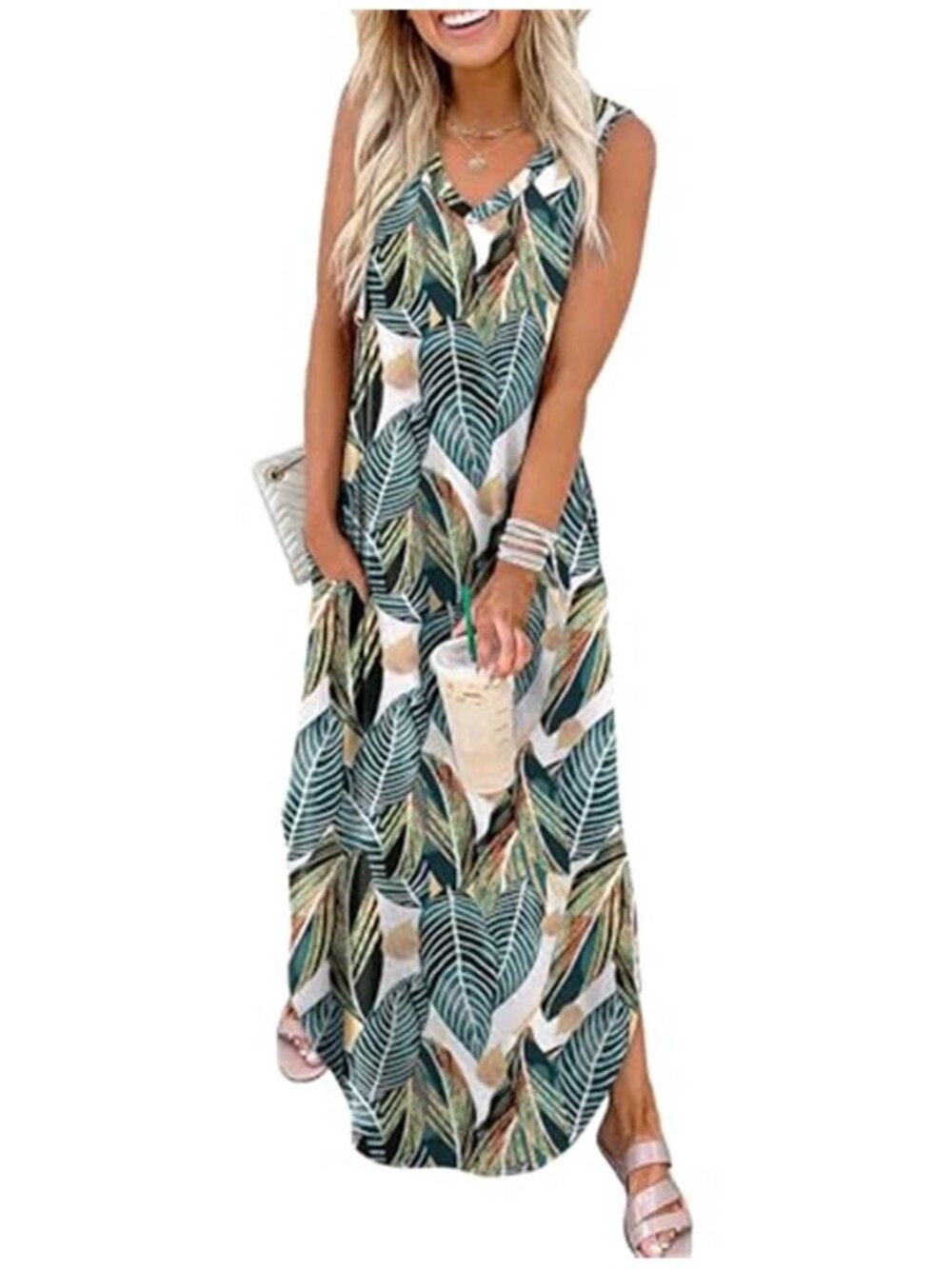 Womens V Neck Maxi Dress Sleeveless Beach Sundress Casual Summer Long Dress